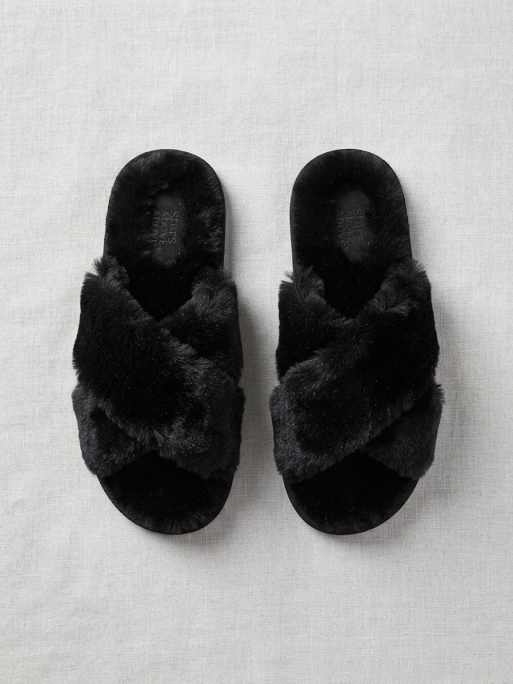 Stars Above Black Faux Fur Cross Band Slide Slippers Size 7/8